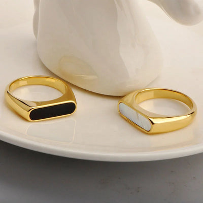 18K Gold Plated Signet Ring with Black Stone Inlay