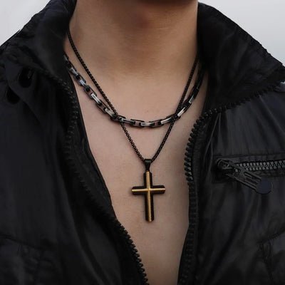 Black and 18K Gold Plated Beveled Cross Necklace