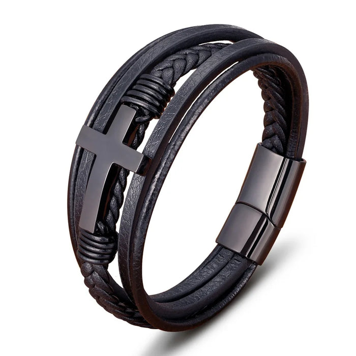 Multi-Layer Leather Bracelet with Cross Detail