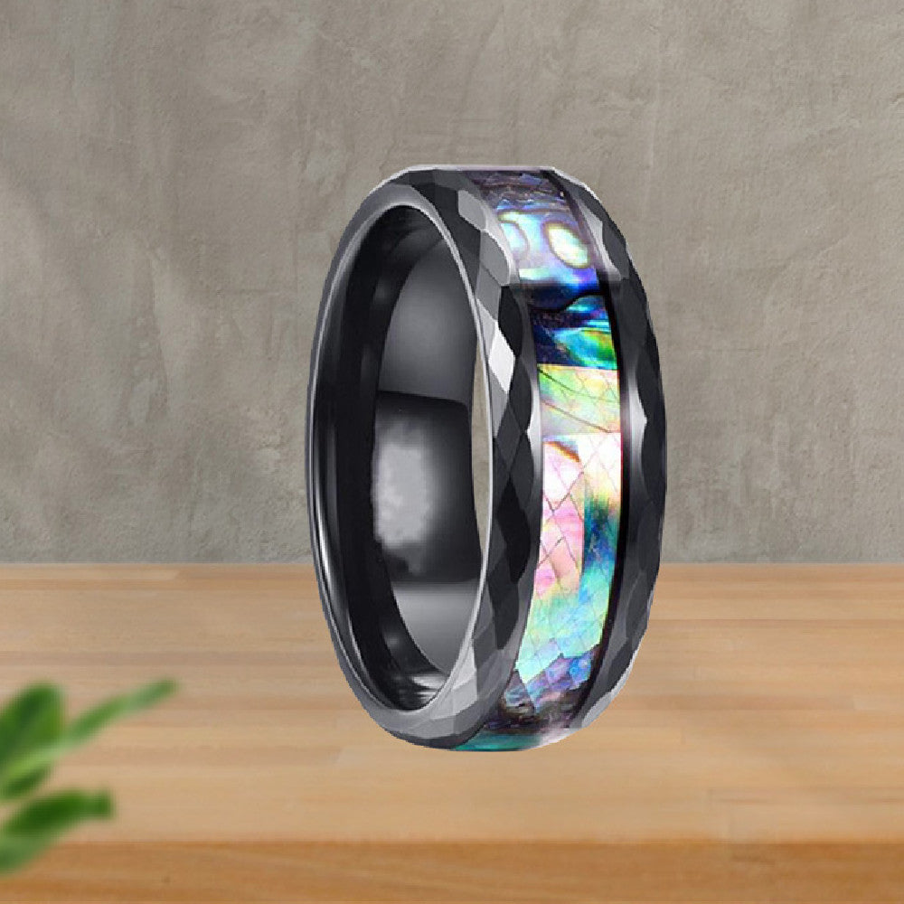 8mm Black Stainless Steel Abalone Inlay Band faceted texture iridescent view 3