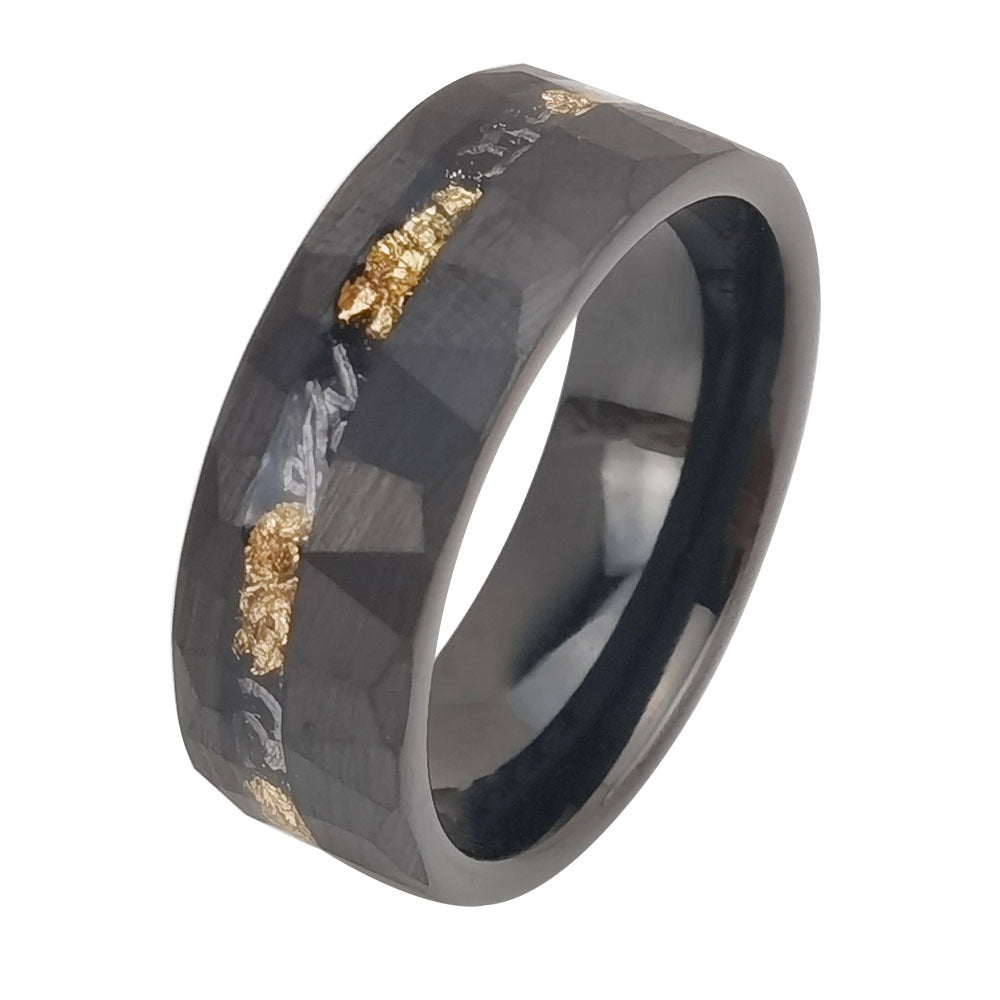 Black Faceted Tungsten Carbide Gold Flake Ring close up