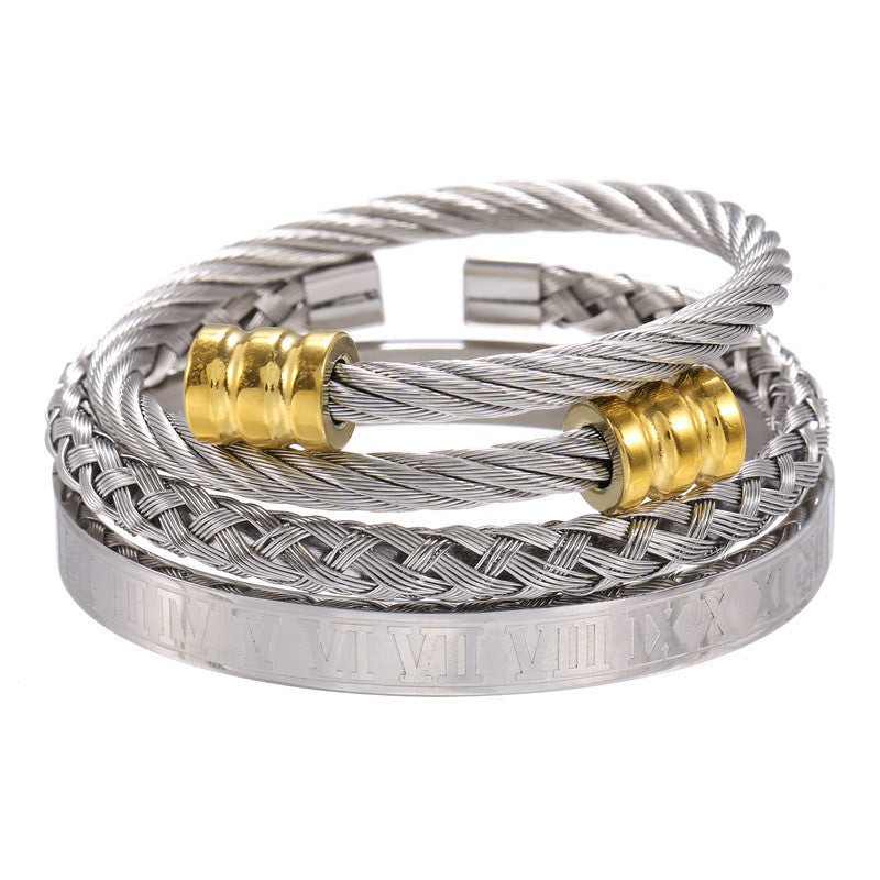 Stainless Steel Roman Numeral Bracelet Set with gold-tone accents view 3