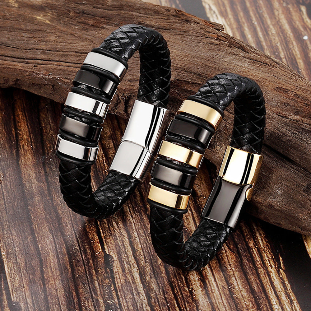 Braided Leather Two-Tone Bar Bracelet with gold-tone finish view 4