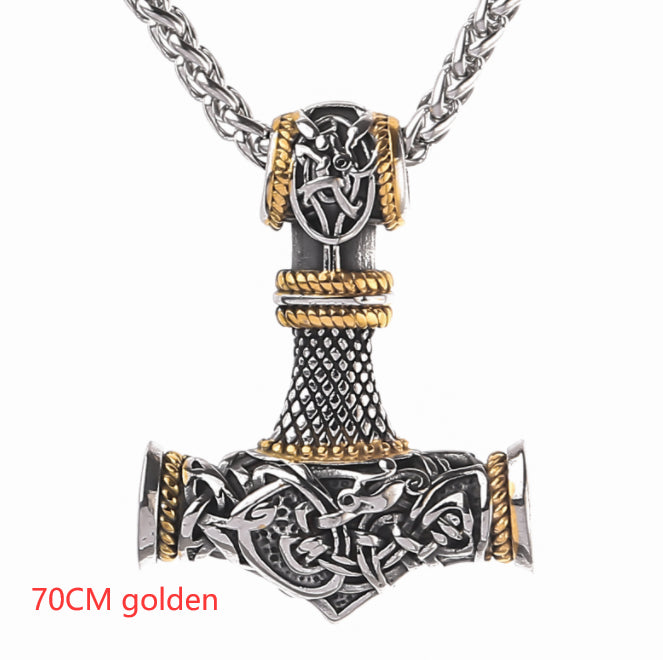 Viking Mjolnir Hammer Pendant Necklace with intricate knotwork on a wheat chain view 6