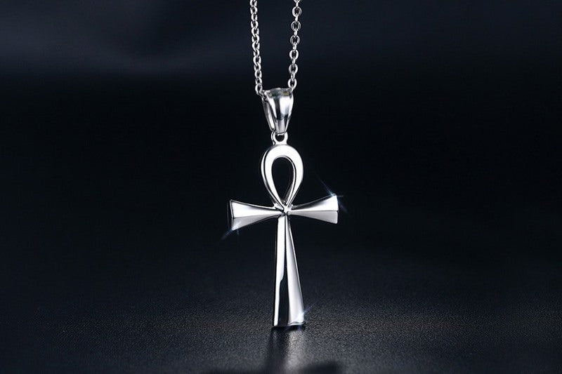 Titanium Steel Ankh Cross Pendant Necklace silver finish on black background