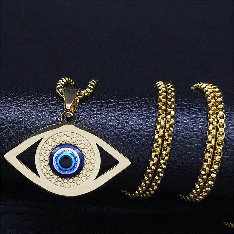 Evil Eye Stainless Steel Pendant Necklace silver on black background view 3