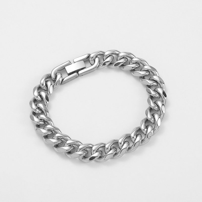 10mm Stainless Steel Cuban Link Bracelet, silver finish, box clasp