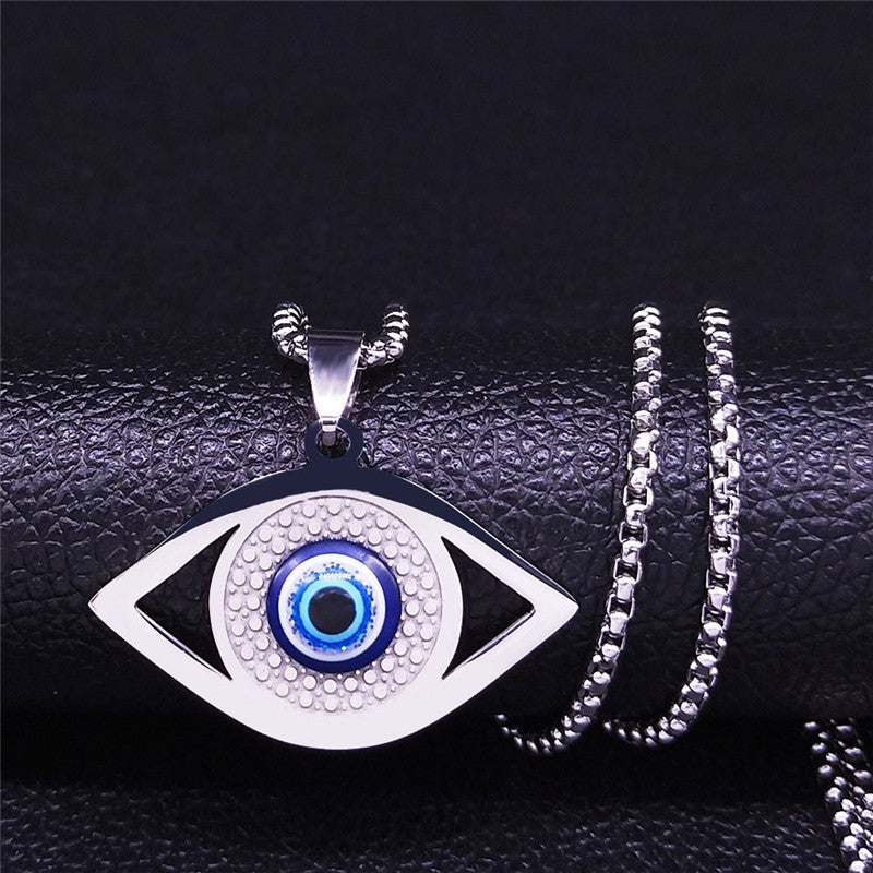 Evil Eye Stainless Steel Pendant Necklace silver on black background view 5