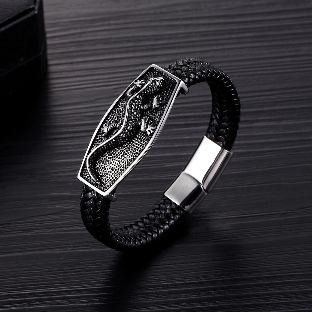 Braided Leather Lizard Plaque Bracelet with a raised lizard design view 2