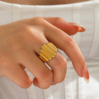 Vertical Stripe Stainless Steel Cuff Ring, gold-tone, ribbed texture view 3