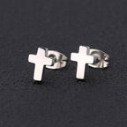 Stainless Steel Cross Stud Earrings in silver, black, and gold-tone view 2