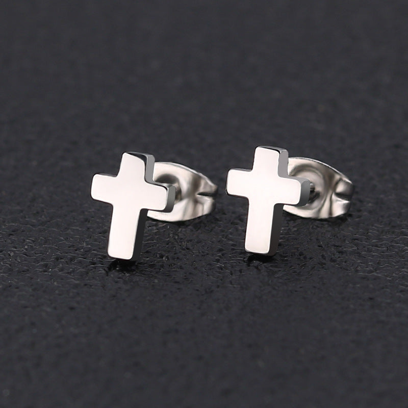 Stainless Steel Cross Stud Earrings in silver, black, and gold-tone view 2
