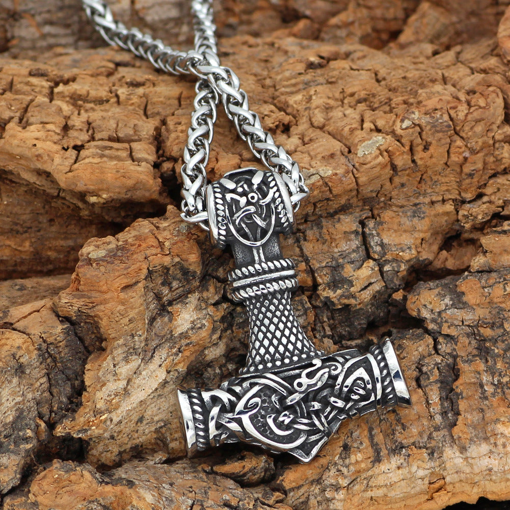 Viking Mjolnir Hammer Pendant Necklace with intricate knotwork on a wheat chain view 5