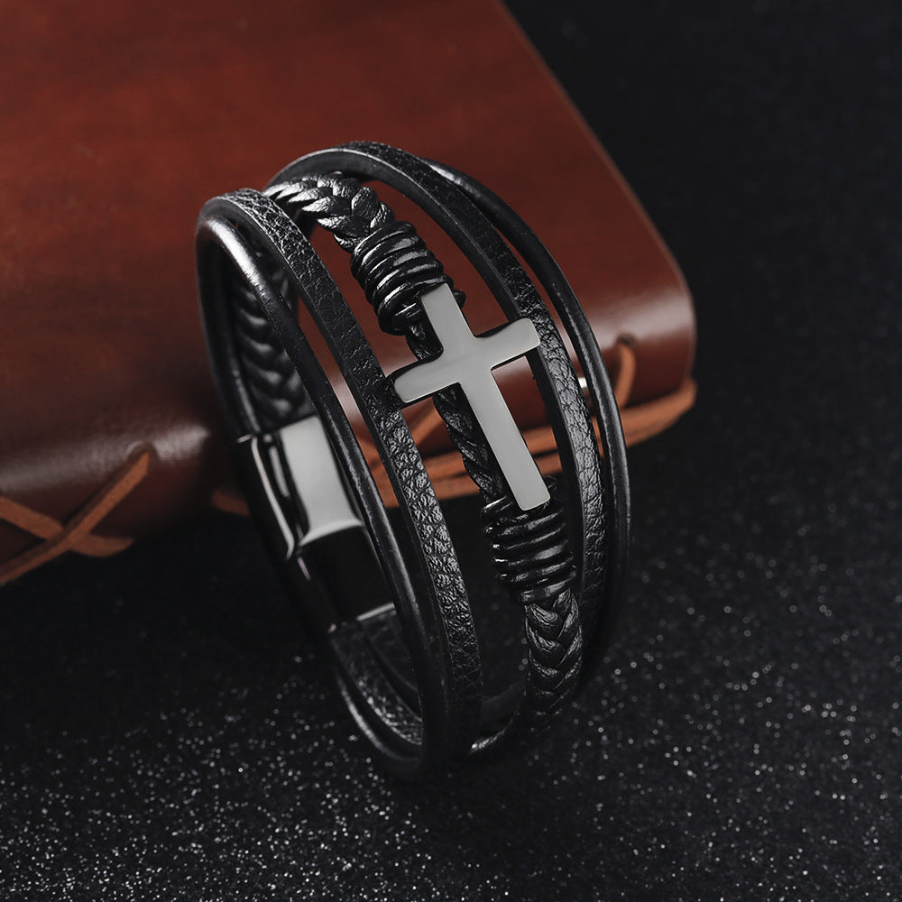 Braided Leather Cross Bracelet black finish view 3