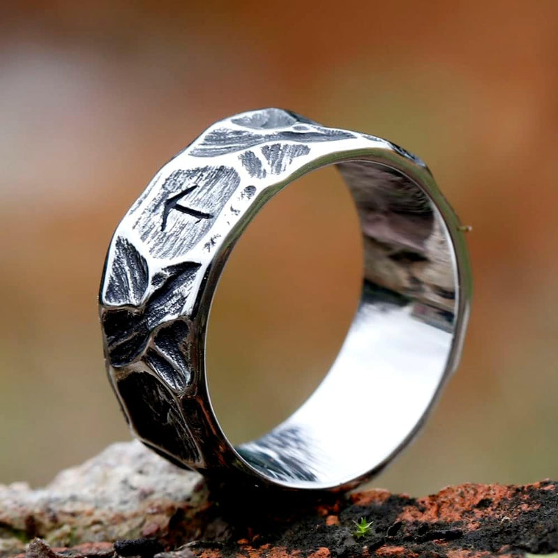 Textured Titanium Steel Rune Ring, steel color, black finish view 3