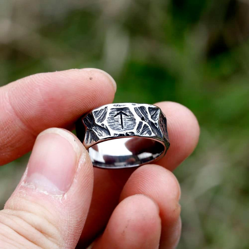 Textured Titanium Steel Rune Ring, steel color, black finish view 4