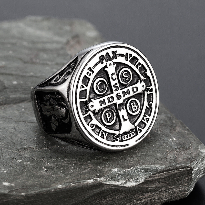 Saint Benedict Medal Signet Ring in gold-tone and silver-tone finishes view 4