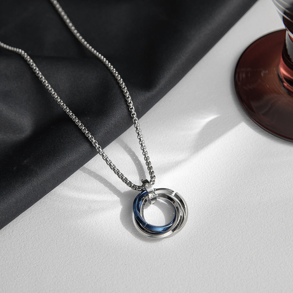 Titanium Steel Geometric Interlocking Ring Pendant Necklace, black and silver rings view 3