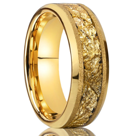 8mm Tungsten Carbide Gold Flake Inlay Ring - gold tone, textured view 2