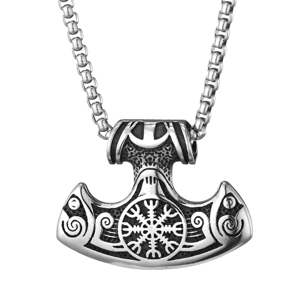 Titanium Steel Viking Hammer Pendant Necklace with Aegishjalmr symbol