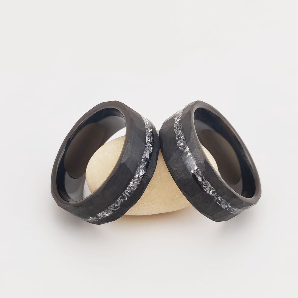 8mm Black Tungsten Carbide Faceted Inlay Ring, faceted black, crushed metal inlay view 4