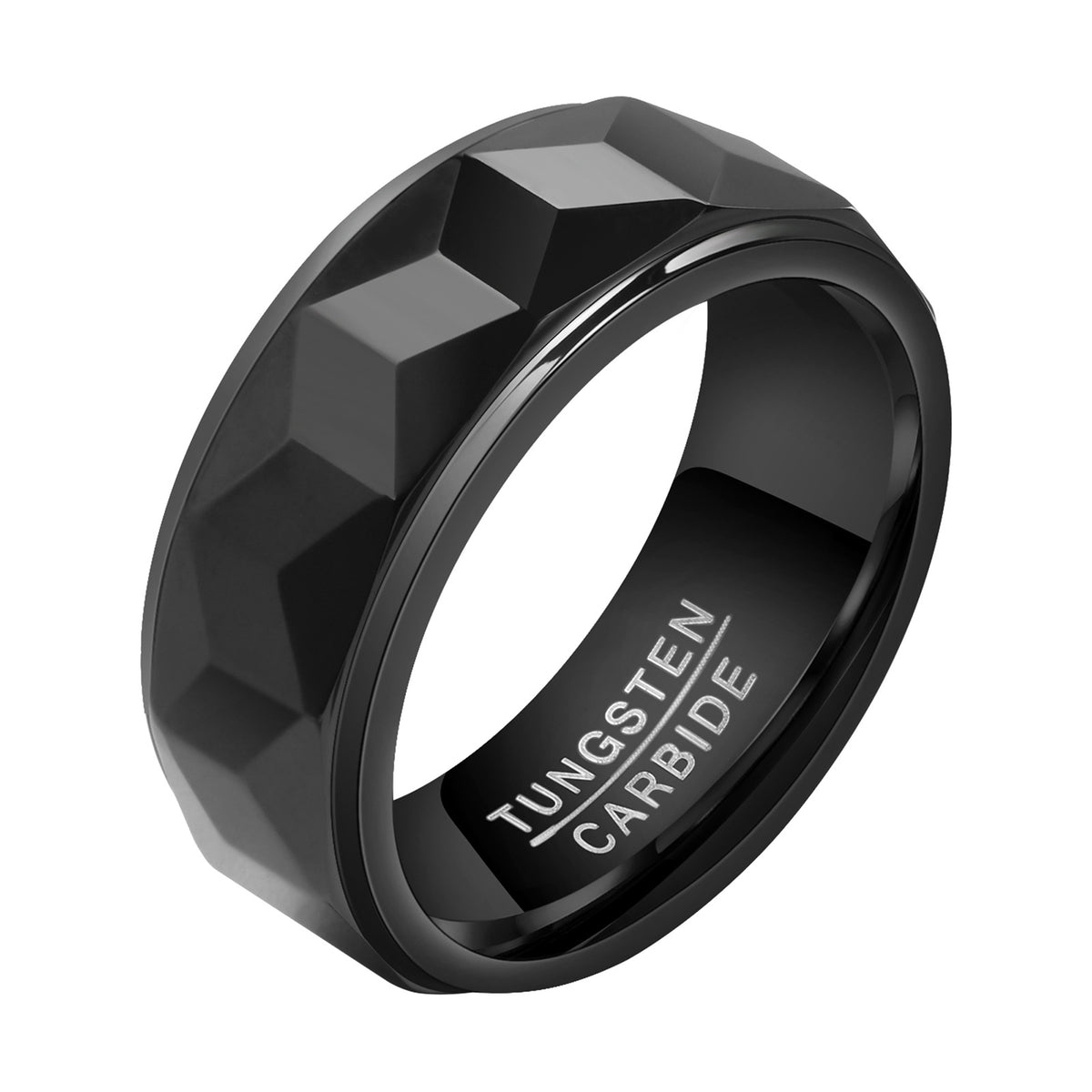 8mm Black Faceted Tungsten Carbide Ring - geometric, durable, black