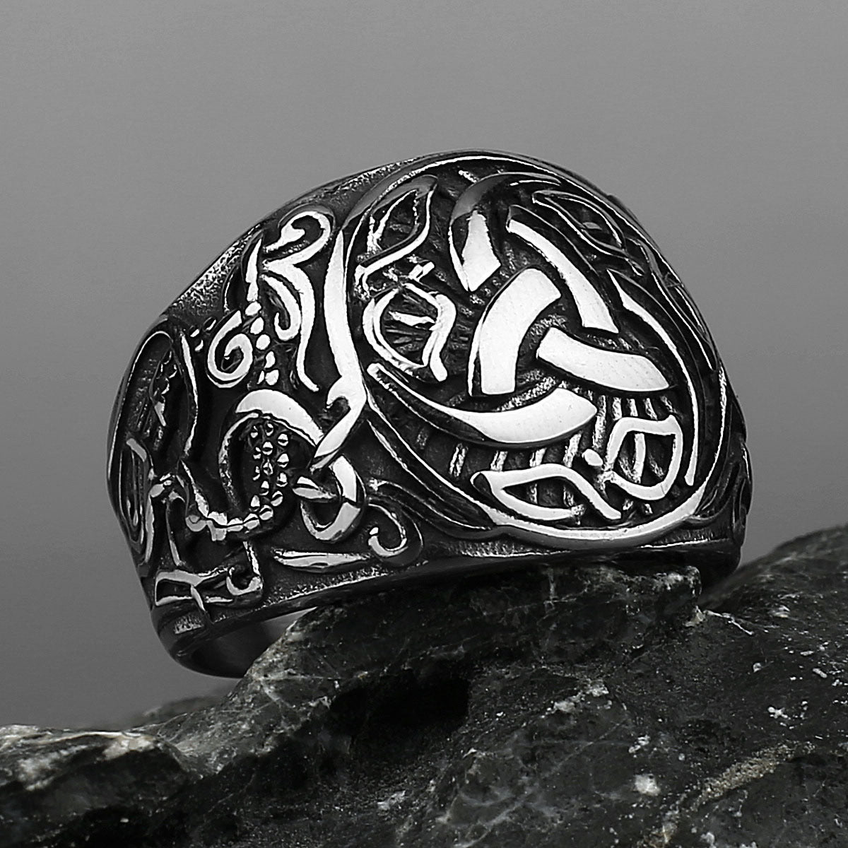 Stainless Steel Viking Knotwork Ring with geometric pattern view 3