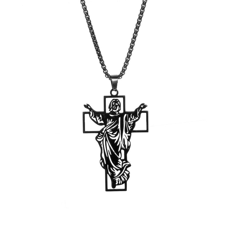 Titanium Steel Risen Christ Cross Necklace, black finish