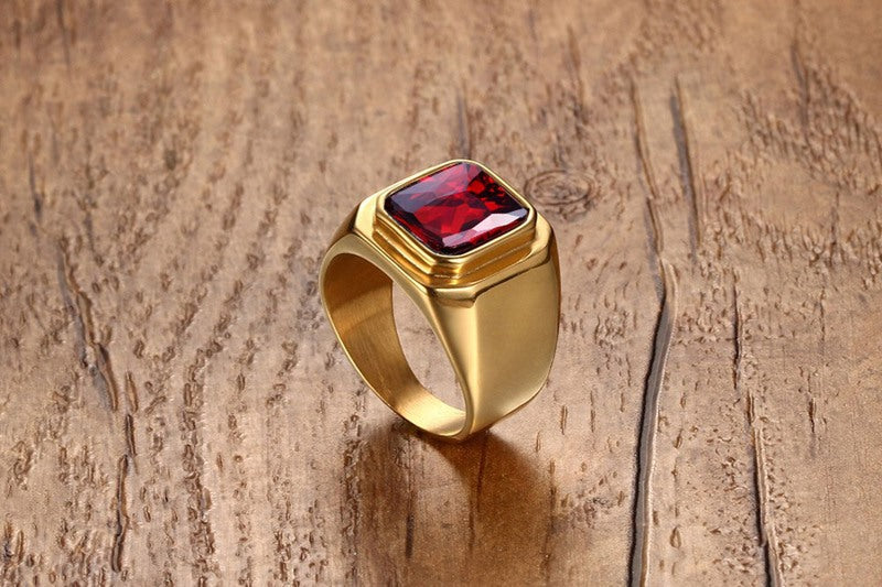 Geometric Red Gemstone Stainless Steel Ring - gold and black rings view 3