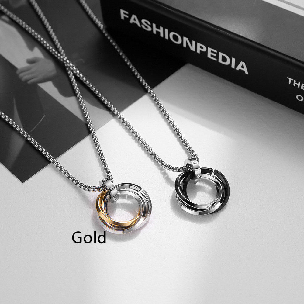 Titanium Steel Geometric Interlocking Ring Pendant Necklace, black and silver rings view 2