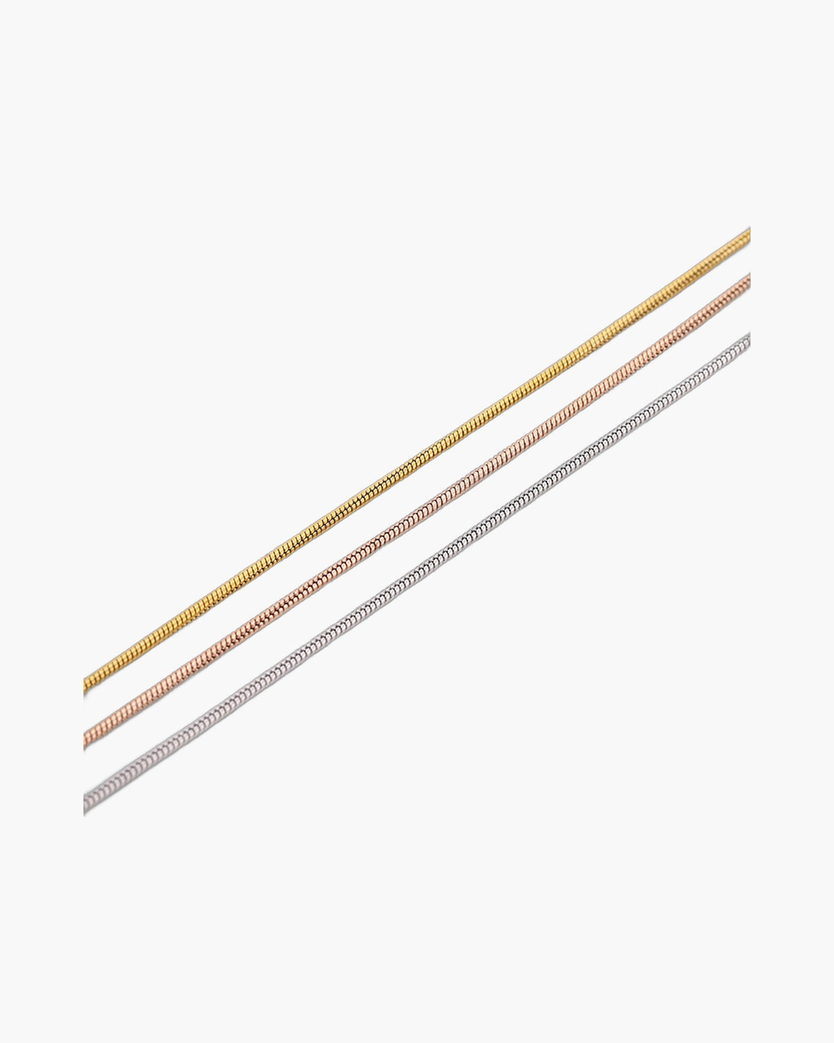 1.2mm-1.5mm Stainless Steel Snake Chain in gold, rose gold, and silver finishes