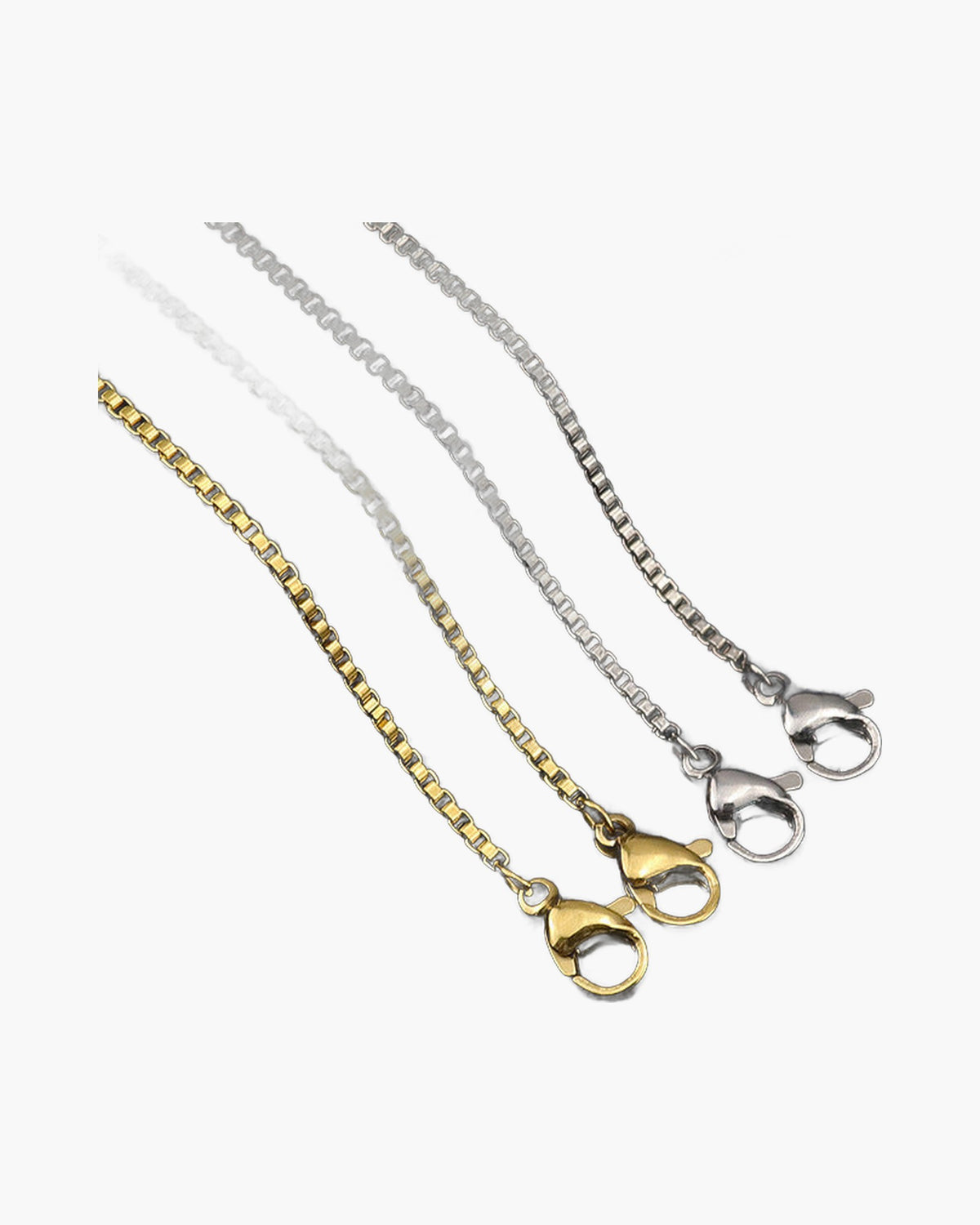 1.5mm Box Chain Necklace in silver and gold-tone finishes with lobster clasps