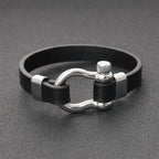 Black Leather Shackle Bracelet with black finish titanium steel clasp view 2