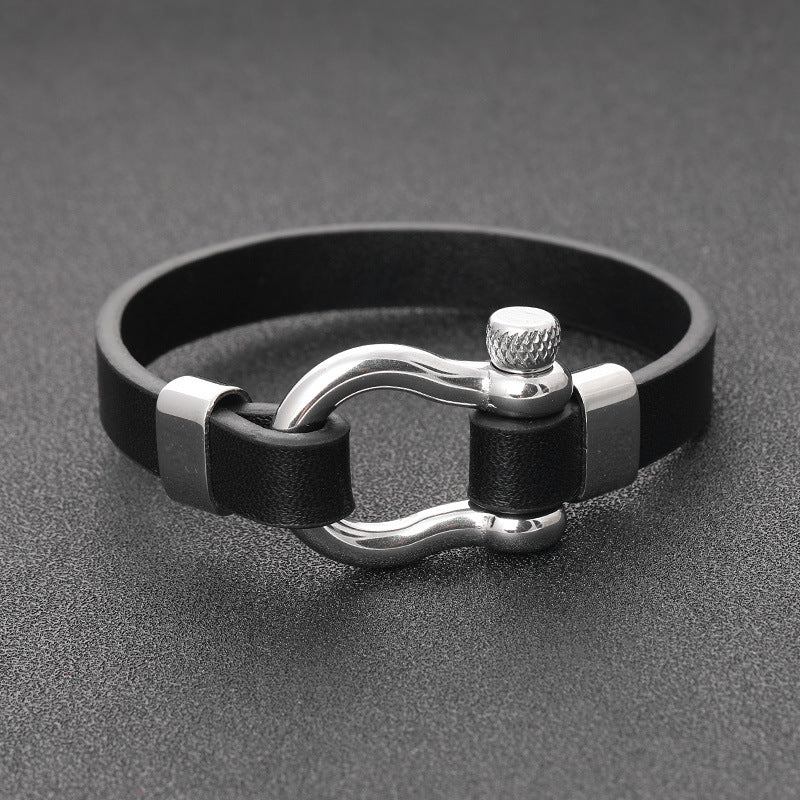 Black Leather Shackle Bracelet with black finish titanium steel clasp view 2