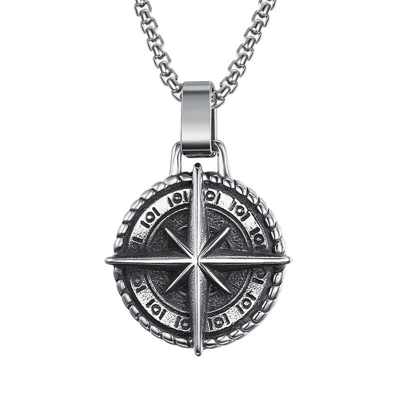 Stainless Steel Compass Pendant Necklace, silver-tone with detailed compass rose