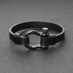 Black Leather Shackle Bracelet with black finish titanium steel clasp