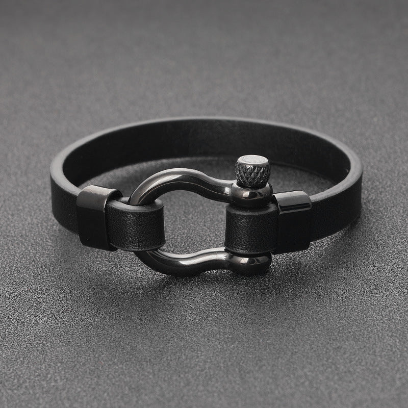 Black Leather Shackle Bracelet with black finish titanium steel clasp