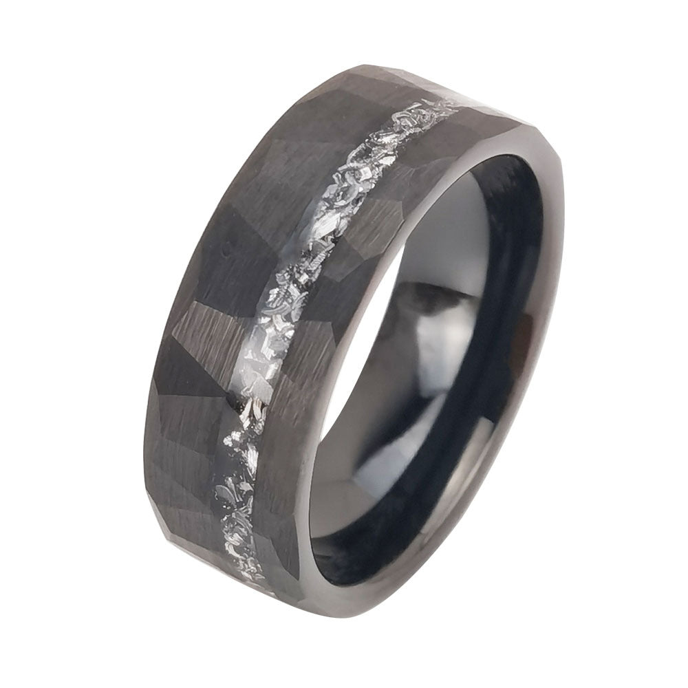 8mm Black Tungsten Carbide Faceted Inlay Ring, faceted black, crushed metal inlay