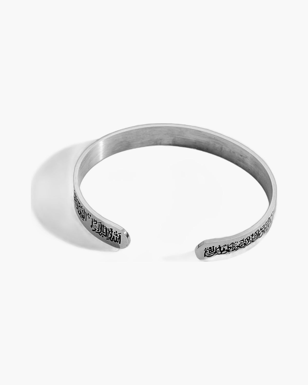 10mm Script Engraved Stainless Steel Cuff with black Arabic script engraving on a brushed silver finish view 2