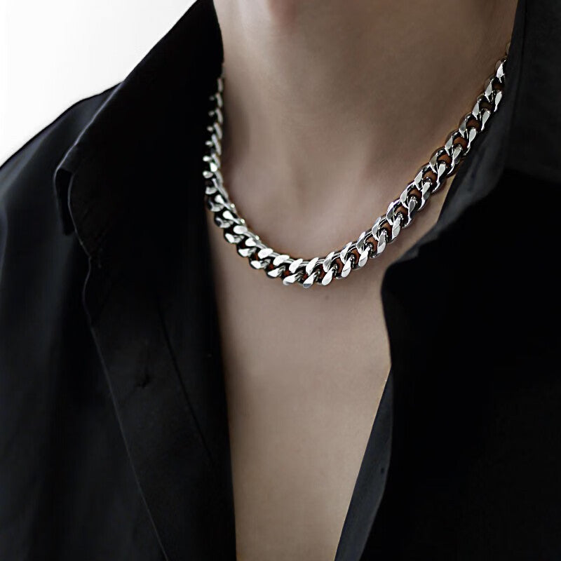 10mm Titanium Steel Cuban Link Chain, silver, on model view 5