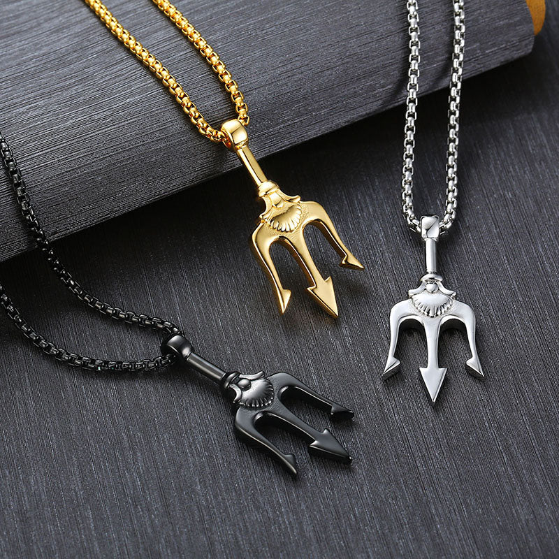Titanium Steel Trident Pendant Necklace in black, gold, and silver finishes view 2