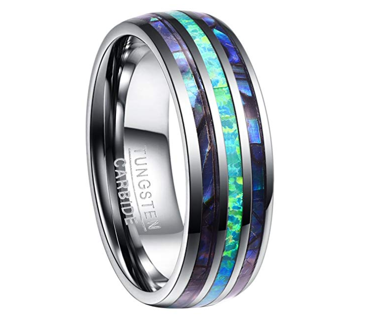 8mm Tungsten Carbide Opal Abalone Inlay Ring, iridescent, durable view 3