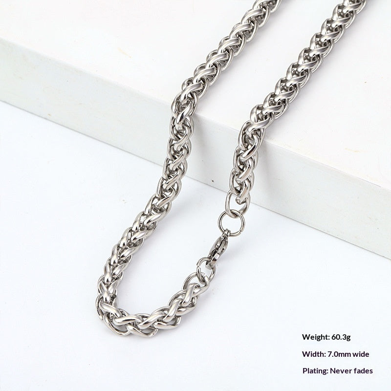 Titanium Steel Wheat Chain Necklace gold-tone on white background view 8