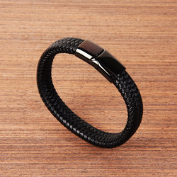 Black Braided Leather Magnetic Bracelet - black leather, magnetic clasp