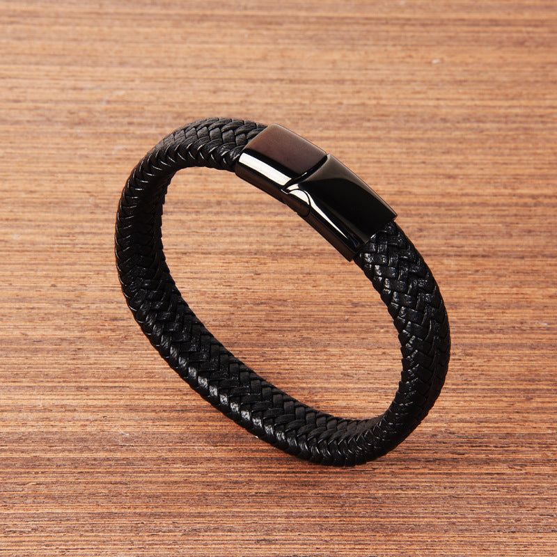 Black Braided Leather Magnetic Bracelet - black leather, magnetic clasp