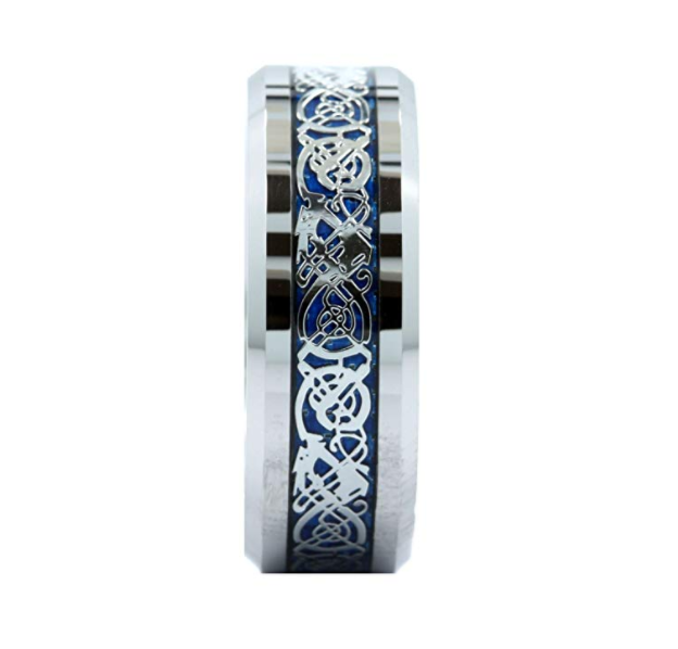 Tungsten Carbide Blue Celtic Ring with blue inlay and silver-tone knotwork view 3