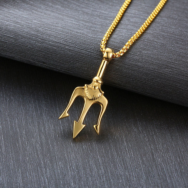 Titanium Steel Trident Pendant Necklace in black, gold, and silver finishes view 4