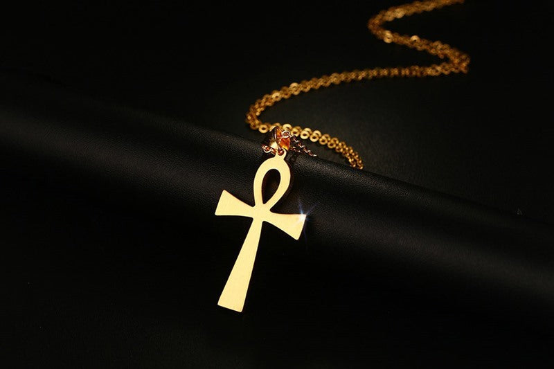 Titanium Steel Ankh Cross Pendant Necklace silver finish on black background view 5