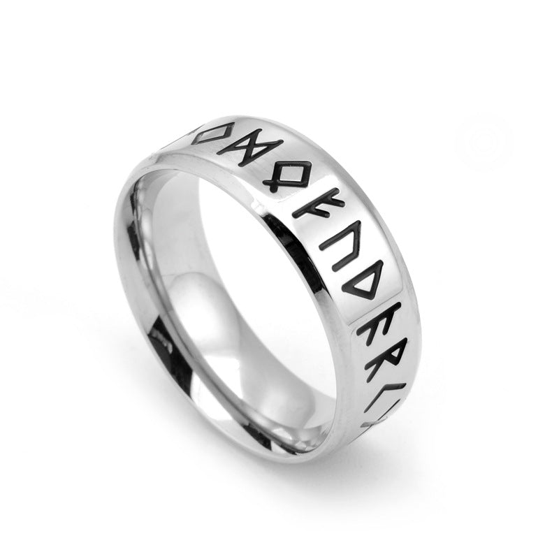 Stainless Steel Rune Band Ring, silver, black, etched view 4