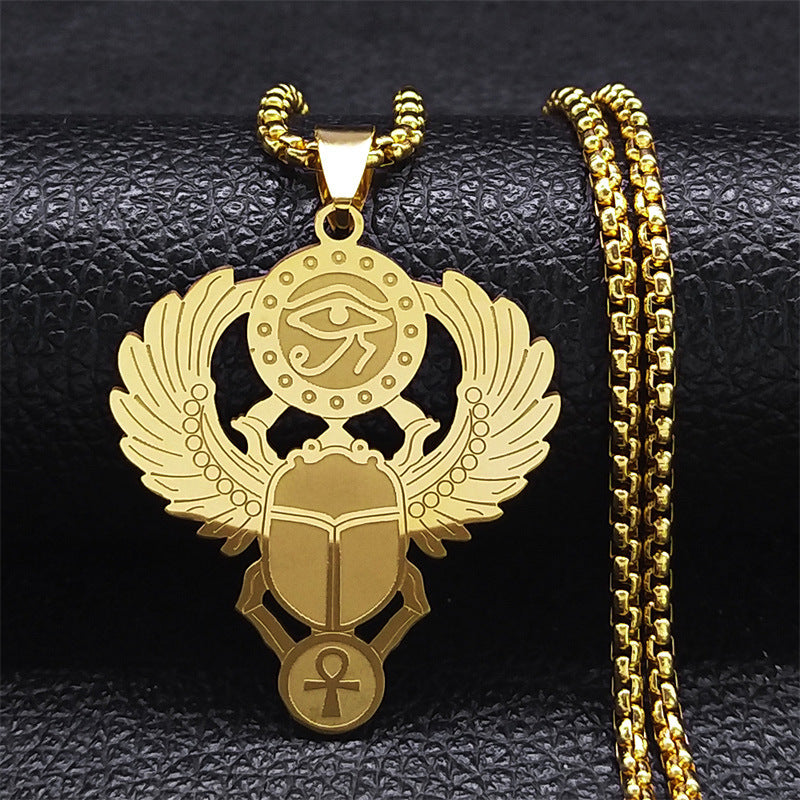 Egyptian Scarab Eye of Horus Pendant Necklace, gold-tone finish view 4
